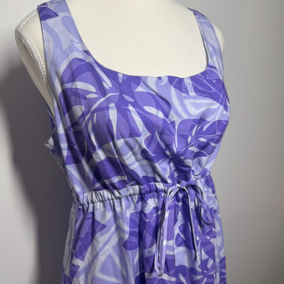 Puanani Dress Women Size M Purple Floating Monstera Empire Tie Front Hawaiian - Picture 4 of 8